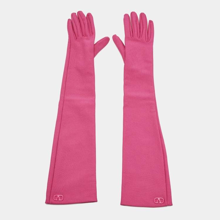 Pre Owned Valentino Pink Vlogo Detail Jersey Elbow-Length Gloves