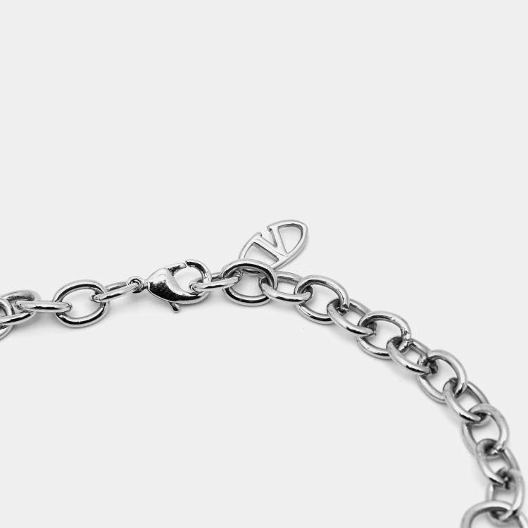 Pre Owned Valentino Crystals Fabric Silver Tone Necklace