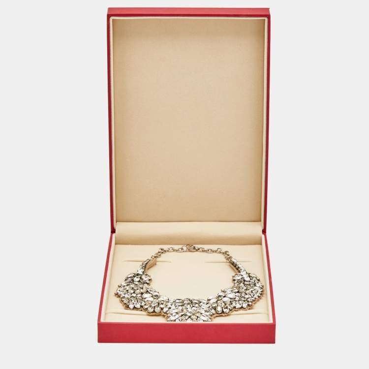 Pre Owned Valentino Crystals Fabric Silver Tone Necklace