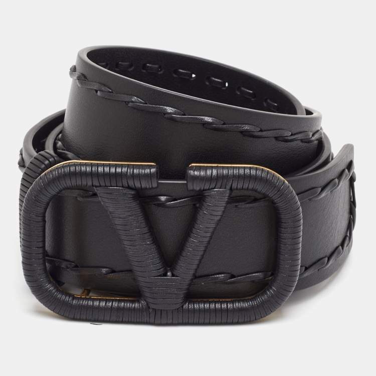 Pre Owned Valentino VLogo 80 CM Waist Belt Black Leather Whipstitch