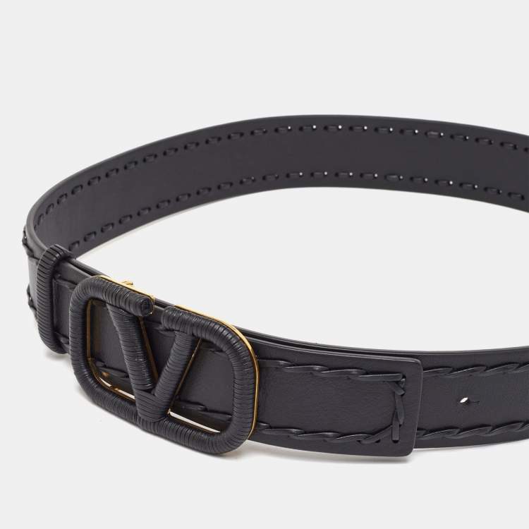 Pre Owned Valentino VLogo 80 CM Waist Belt Black Leather Whipstitch