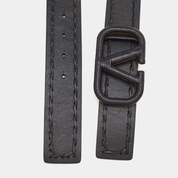 Pre Owned Valentino VLogo 80 CM Waist Belt Black Leather Whipstitch