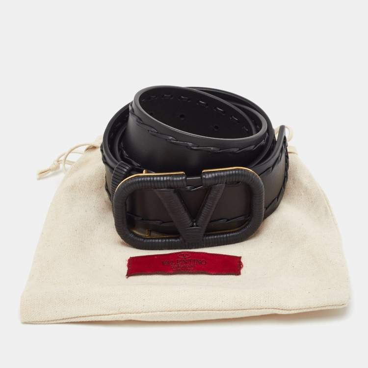 Pre Owned Valentino VLogo 80 CM Waist Belt Black Leather Whipstitch
