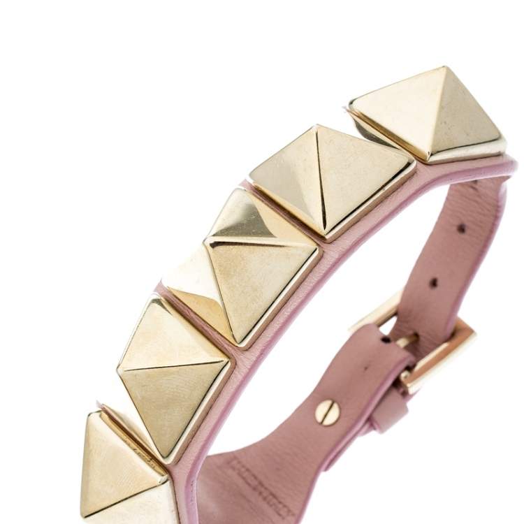 Pre Owned Valentino Rockstud Gold Tone Pink Leather Bracelet