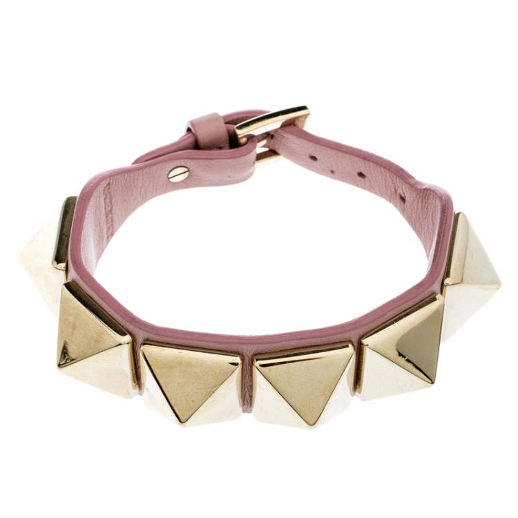 Pre Owned Valentino Rockstud Gold Tone Pink Leather Bracelet