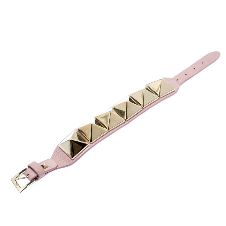 Pre Owned Valentino Rockstud Gold Tone Pink Leather Bracelet