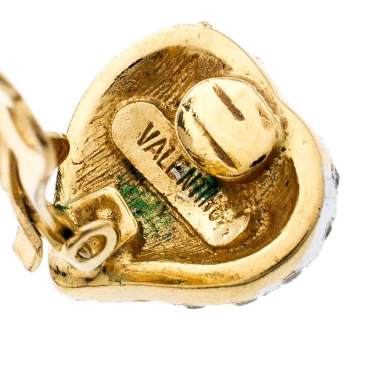 Pre Owned Valentino Crystal Embedded Heart Pendant Necklace and Earrings Set