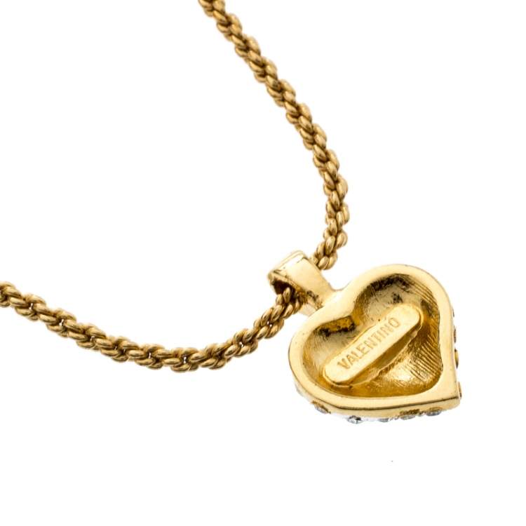 Pre Owned Valentino Crystal Embedded Heart Pendant Necklace and Earrings Set