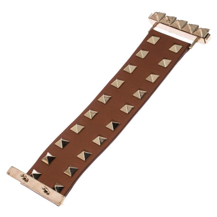 Pre Owned Valentino Tan Brown Leather Rockstud Wide Bracelet