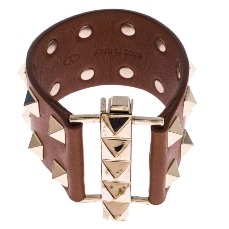 Pre Owned Valentino Tan Brown Leather Rockstud Wide Bracelet