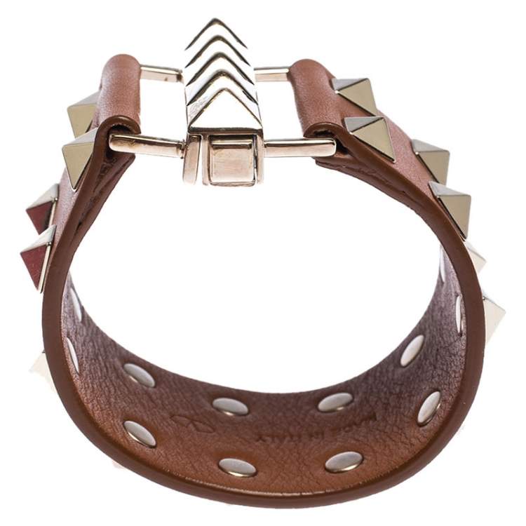 Pre Owned Valentino Tan Brown Leather Rockstud Wide Bracelet