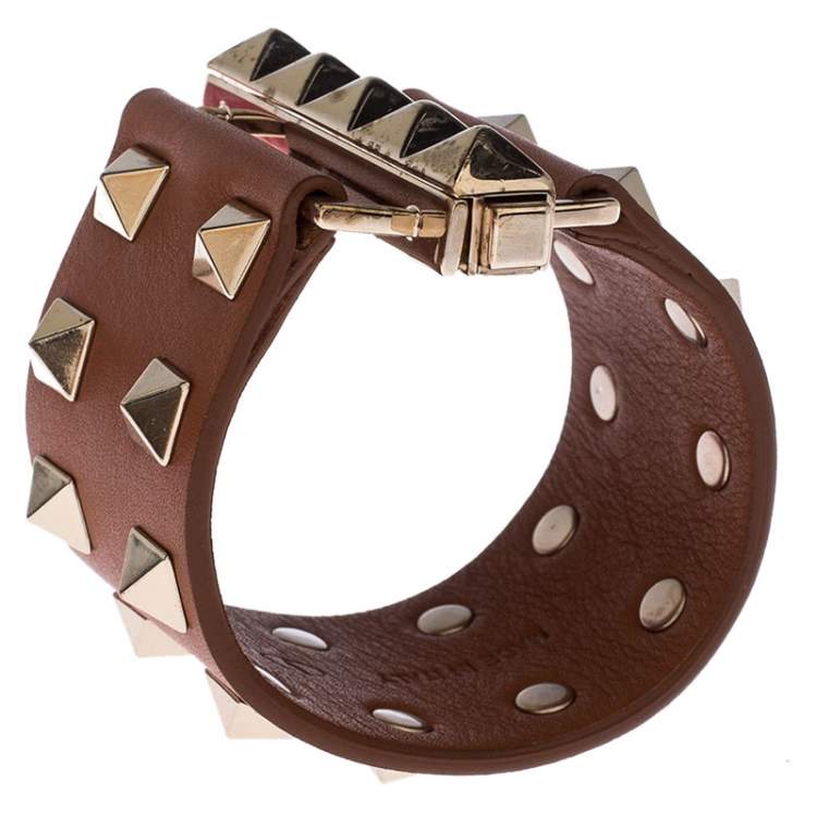Pre Owned Valentino Tan Brown Leather Rockstud Wide Bracelet
