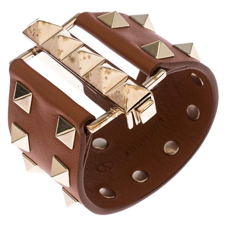 Pre Owned Valentino Tan Brown Leather Rockstud Wide Bracelet
