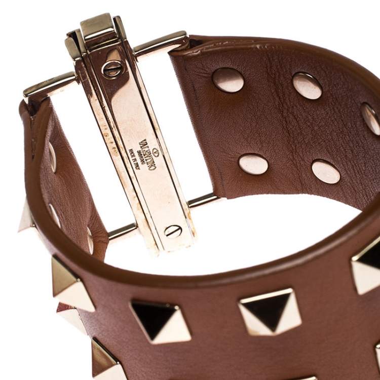 Pre Owned Valentino Tan Brown Leather Rockstud Wide Bracelet