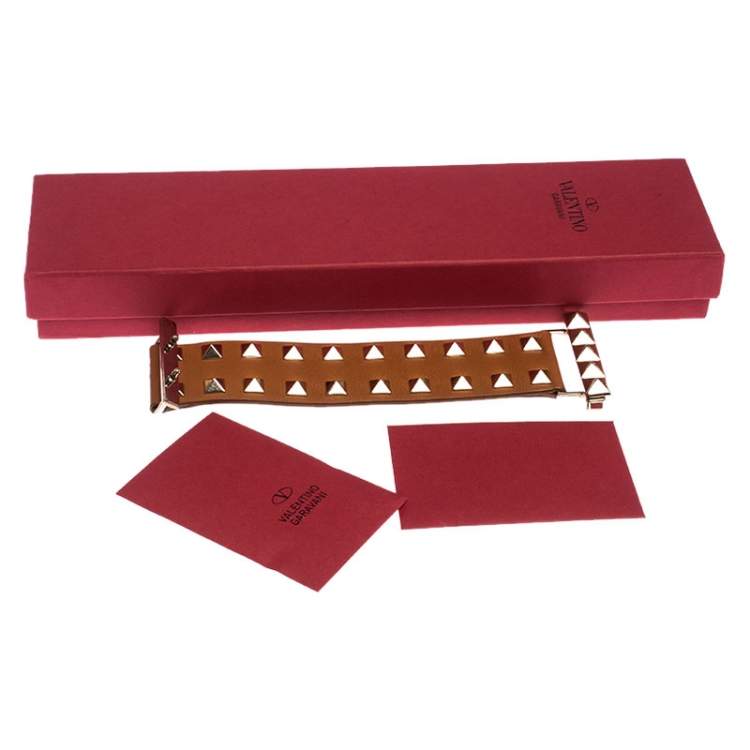 Pre Owned Valentino Tan Brown Leather Rockstud Wide Bracelet