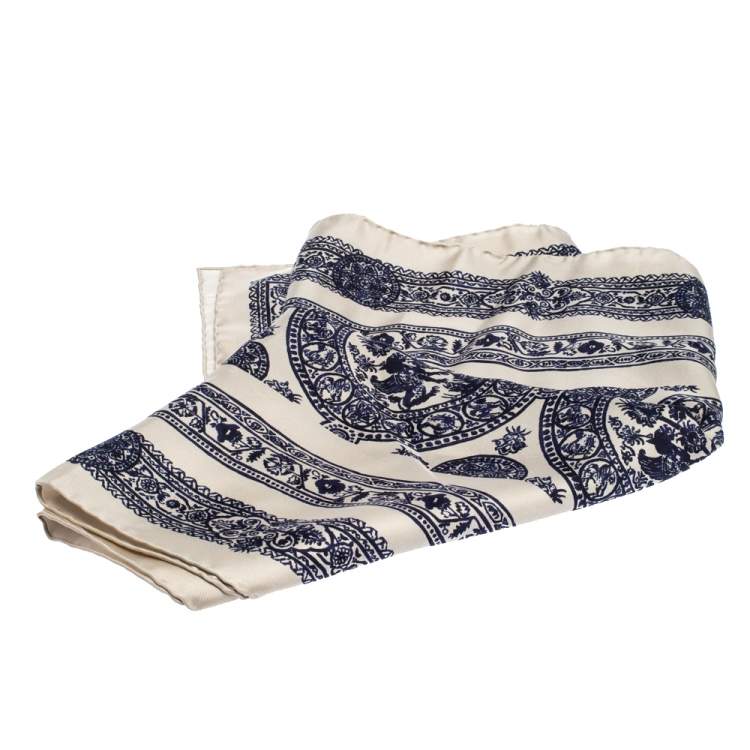 Pre Owned Valentino Beige & Blue Printed Silk Scarf