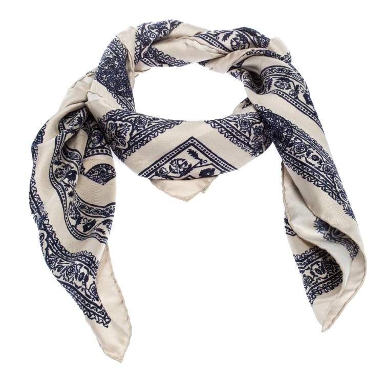 Pre Owned Valentino Beige & Blue Printed Silk Scarf
