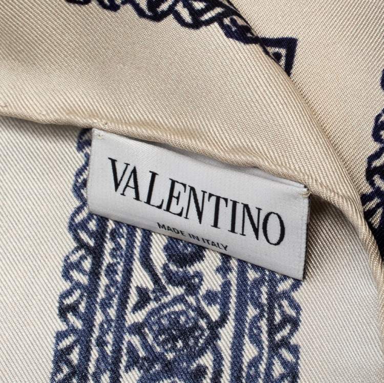 Pre Owned Valentino Beige & Blue Printed Silk Scarf