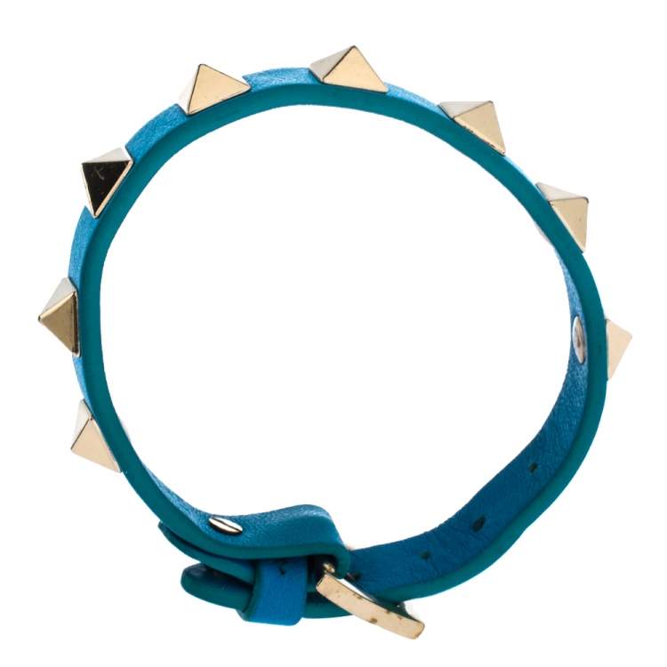 Pre Owned Valentino Rockstud Blue Leather Gold Tone Bracelet