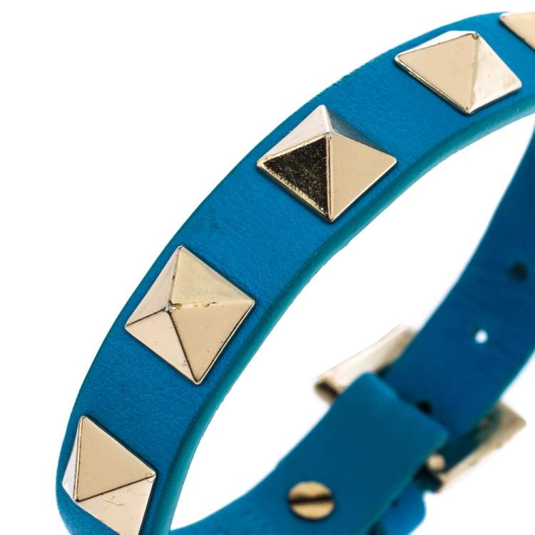 Pre Owned Valentino Rockstud Blue Leather Gold Tone Bracelet
