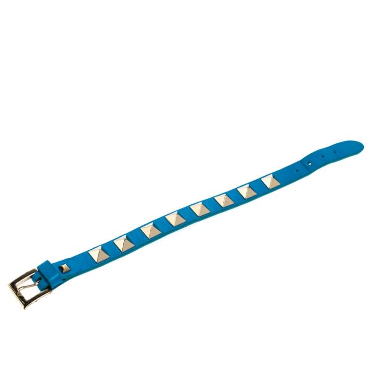 Pre Owned Valentino Rockstud Blue Leather Gold Tone Bracelet