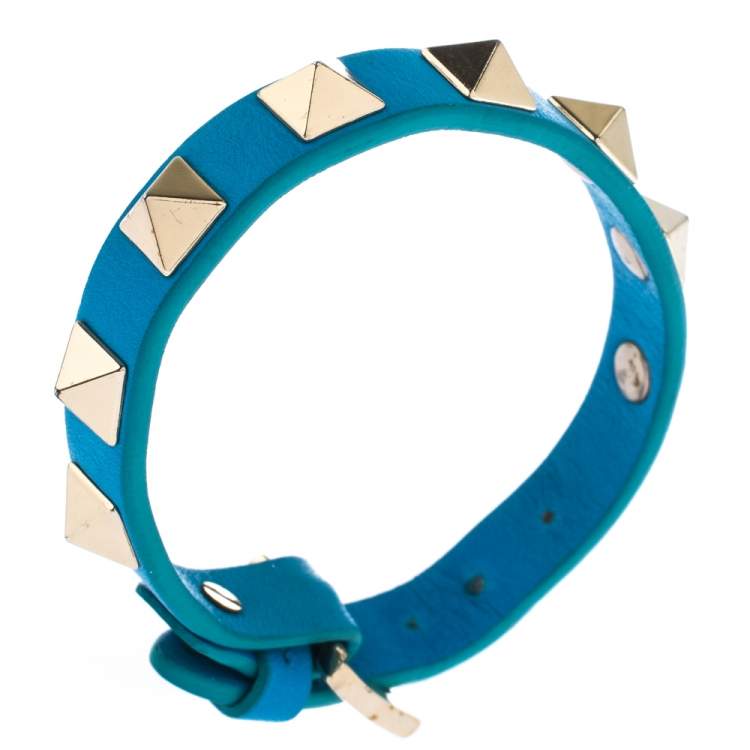 Pre Owned Valentino Rockstud Blue Leather Gold Tone Bracelet