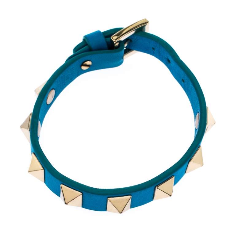 Pre Owned Valentino Rockstud Blue Leather Gold Tone Bracelet