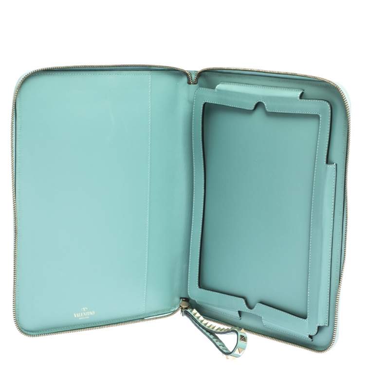 Pre Owned Valentino Mint Green Leather Rockstud Zip Around iPad Case