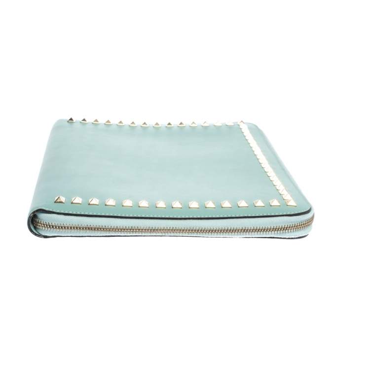 Pre Owned Valentino Mint Green Leather Rockstud Zip Around iPad Case