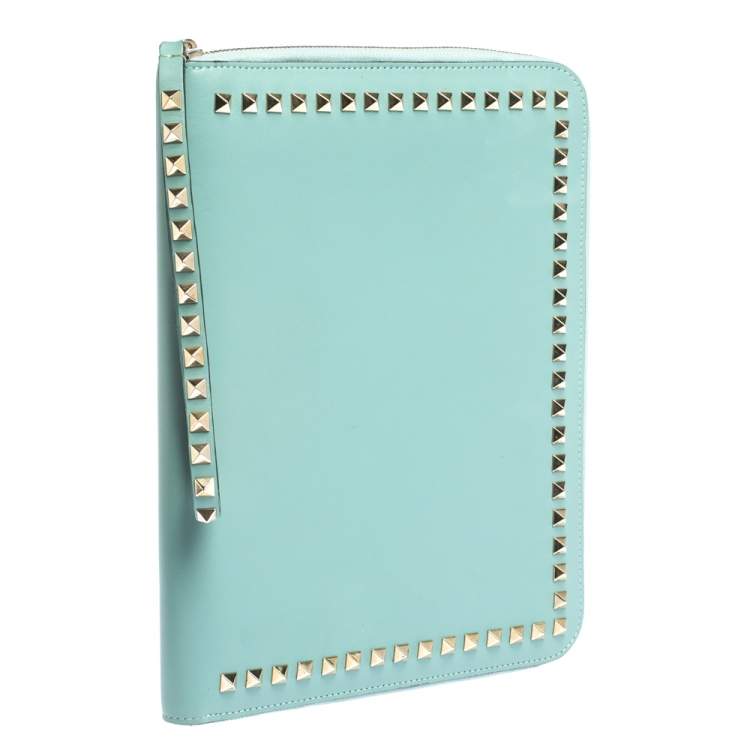 Pre Owned Valentino Mint Green Leather Rockstud Zip Around iPad Case