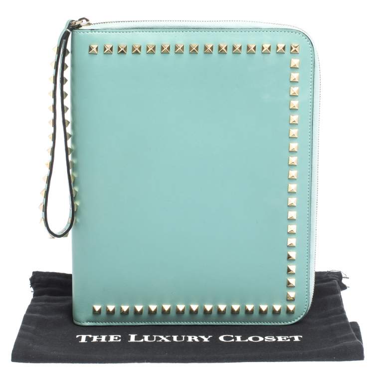 Pre Owned Valentino Mint Green Leather Rockstud Zip Around iPad Case