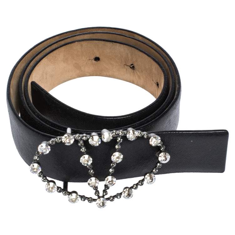 Pre Owned Valentino Black Leather Crystal Embellished V Logo Belt 80CM