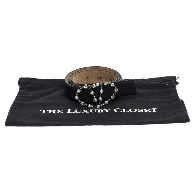 Pre Owned Valentino Black Leather Crystal Embellished V Logo Belt 80CM