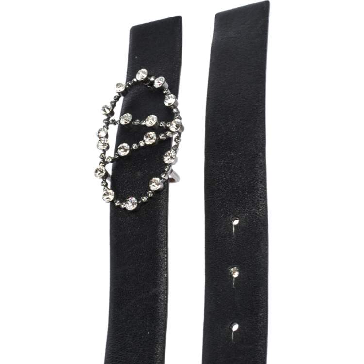 Pre Owned Valentino Black Leather Crystal Embellished V Logo Belt 80CM
