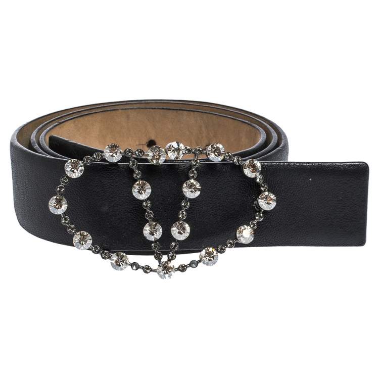 Pre Owned Valentino Black Leather Crystal Embellished V Logo Belt 80CM