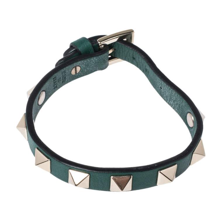 Pre Owned Valentino Green Leather Pale Gold Tone Rockstud Bracelet