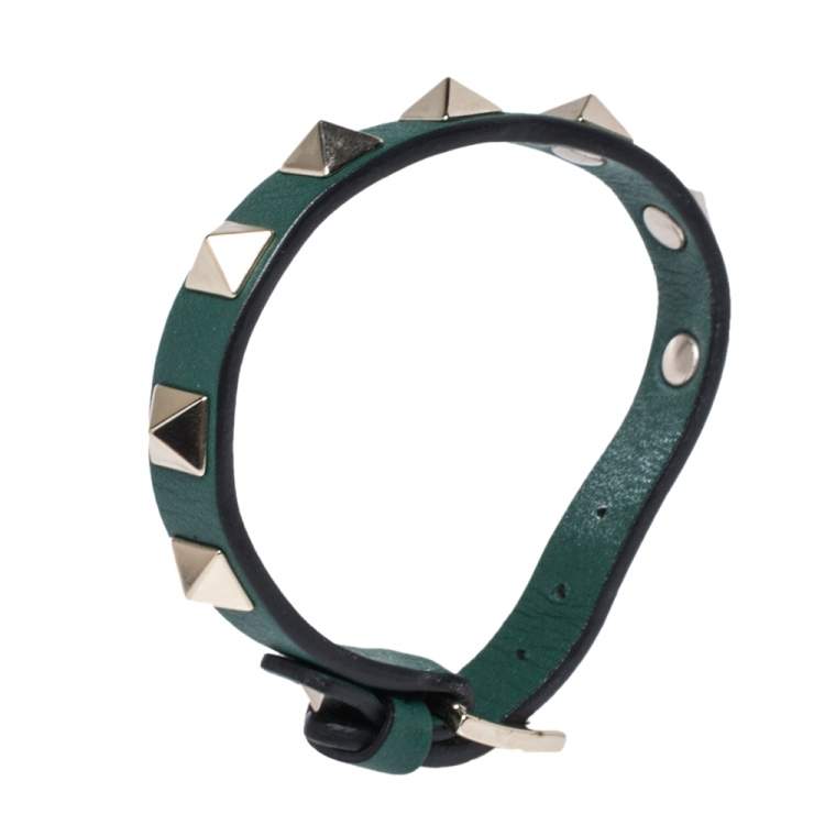 Pre Owned Valentino Green Leather Pale Gold Tone Rockstud Bracelet