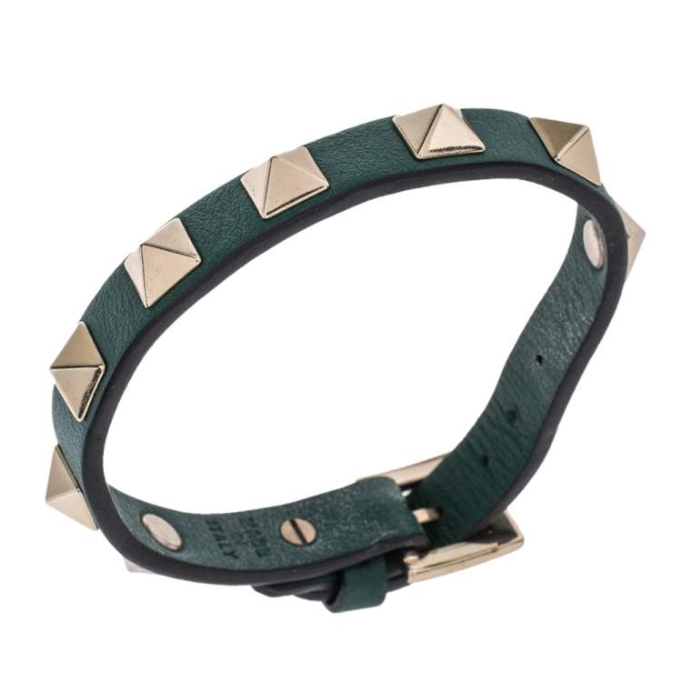 Pre Owned Valentino Green Leather Pale Gold Tone Rockstud Bracelet