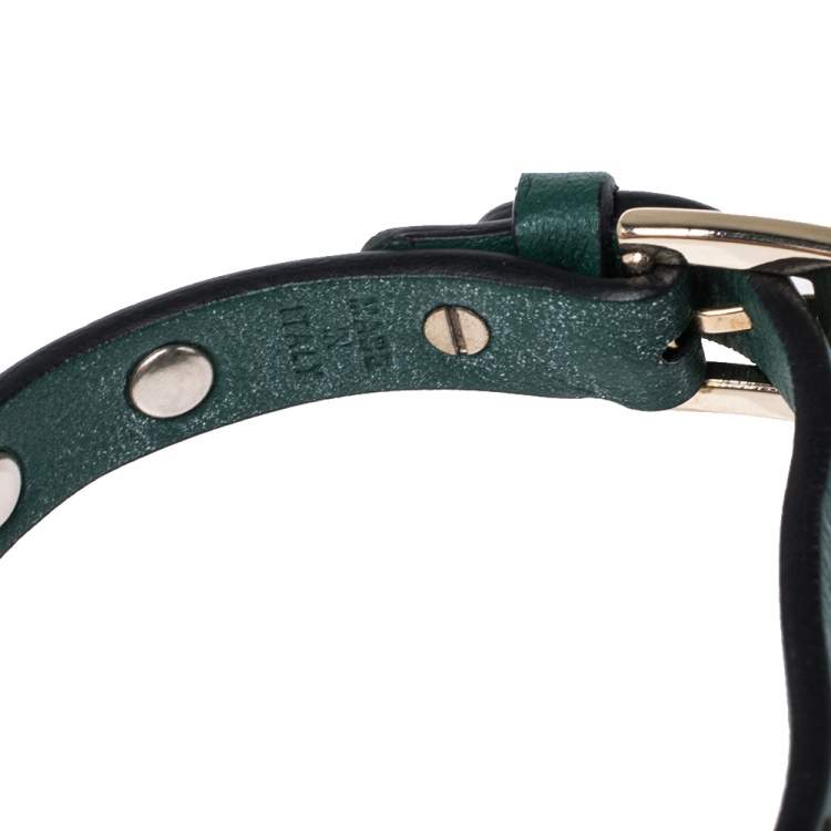 Pre Owned Valentino Green Leather Pale Gold Tone Rockstud Bracelet