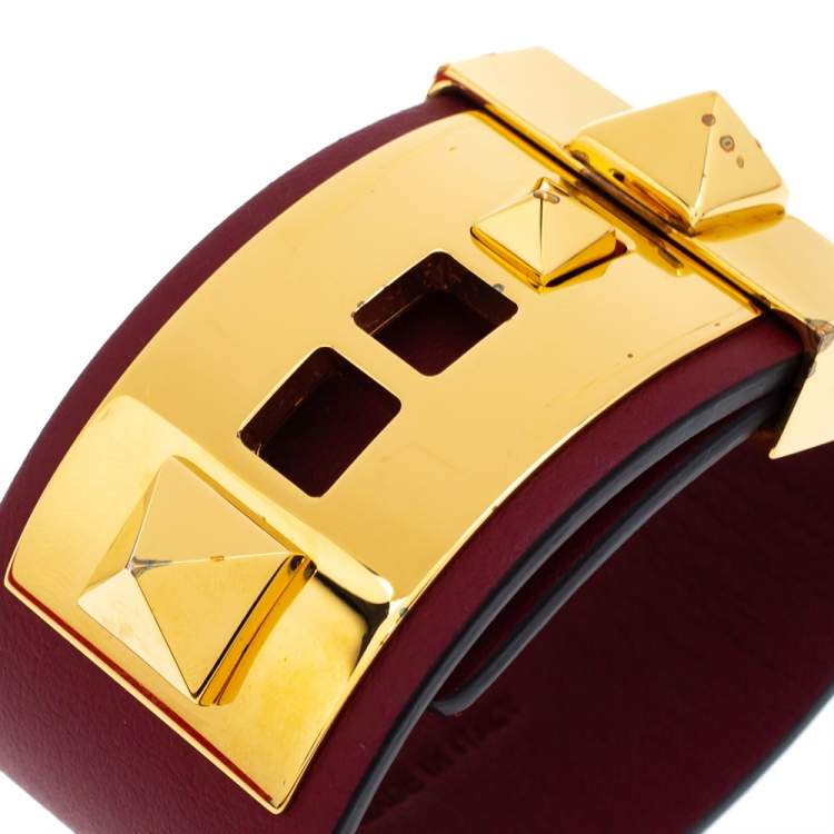 Pre Owned Valentino Burgundy Leather Rockstud Wide Bracelet 