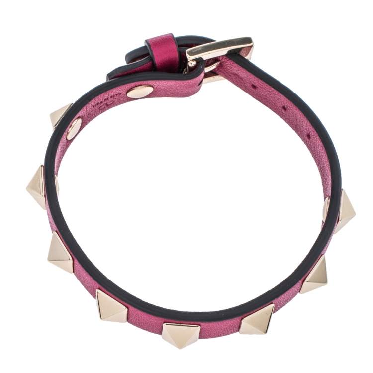 Pre Owned Valentino Raspberry Pink Leather Pale Gold Tone Rockstud Bracelet