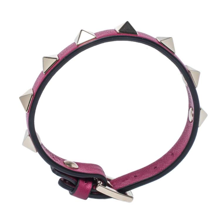 Pre Owned Valentino Raspberry Pink Leather Pale Gold Tone Rockstud Bracelet