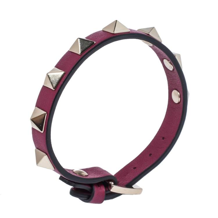 Pre Owned Valentino Raspberry Pink Leather Pale Gold Tone Rockstud Bracelet