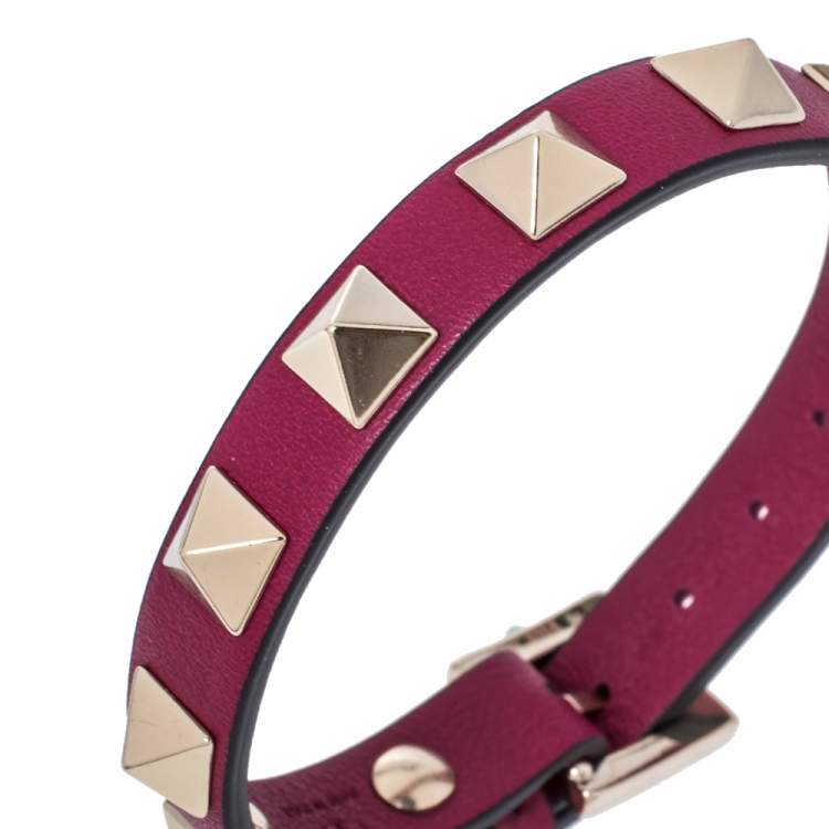 Pre Owned Valentino Raspberry Pink Leather Pale Gold Tone Rockstud Bracelet