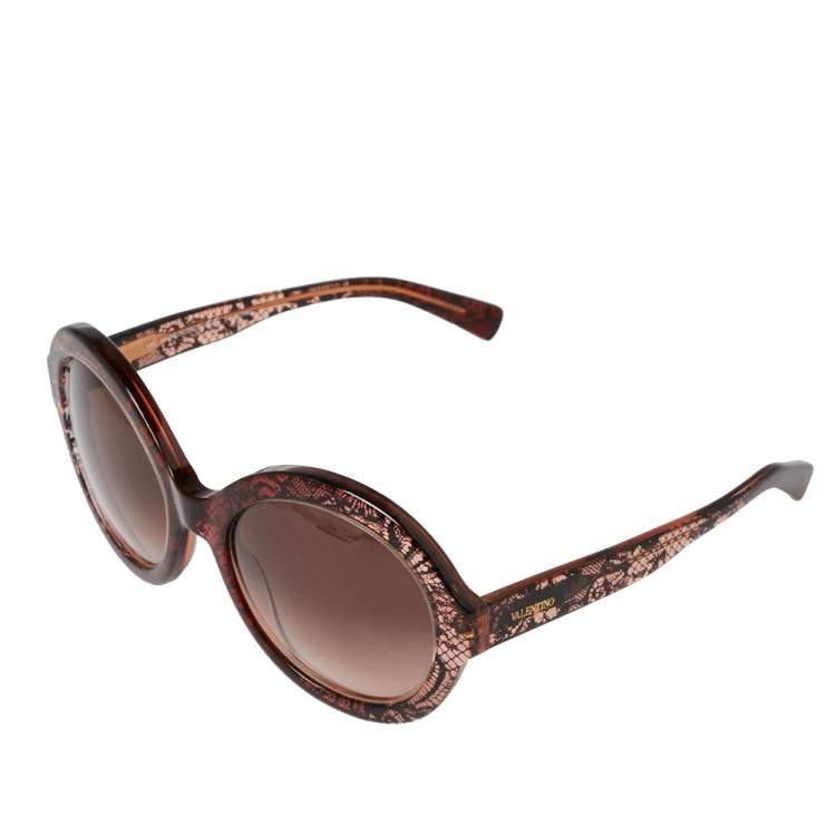 Pre Owned Valentino Bordeaux/ Brown Gradient Lace Detail V668S Round Sunglasses