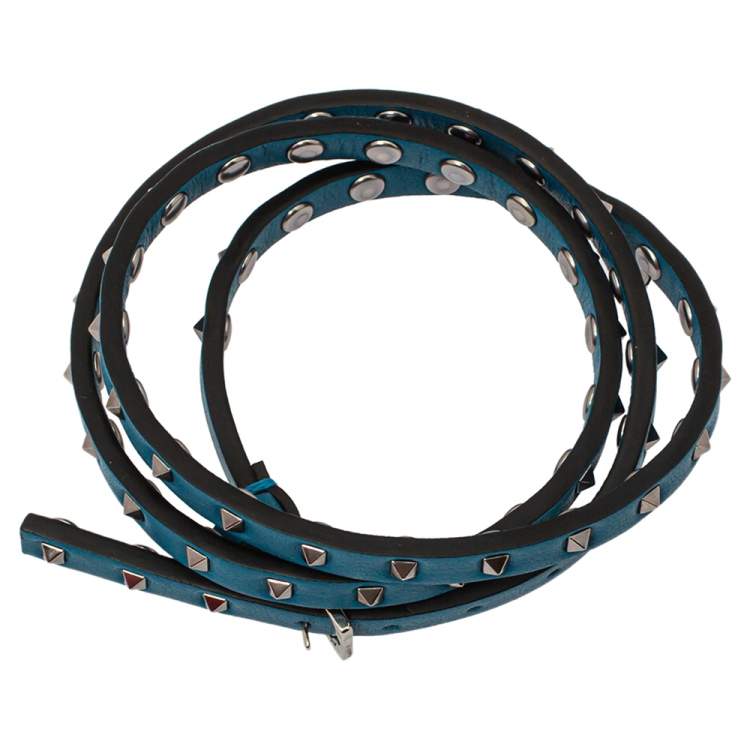 Pre Owned Valentino Blue Leather Mini Rockstud Gunmetal Tone Triple Wrap Bracelet