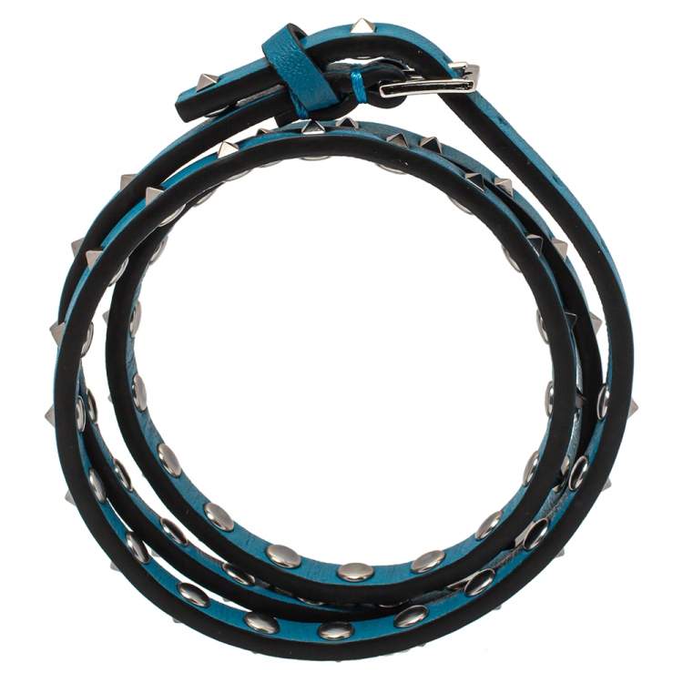Pre Owned Valentino Blue Leather Mini Rockstud Gunmetal Tone Triple Wrap Bracelet