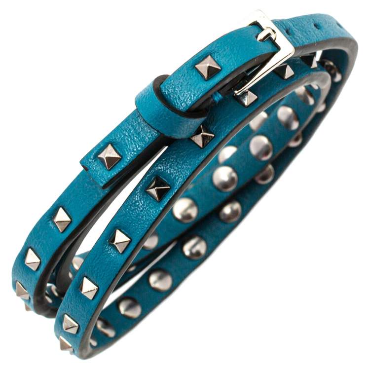 Pre Owned Valentino Blue Leather Mini Rockstud Gunmetal Tone Triple Wrap Bracelet
