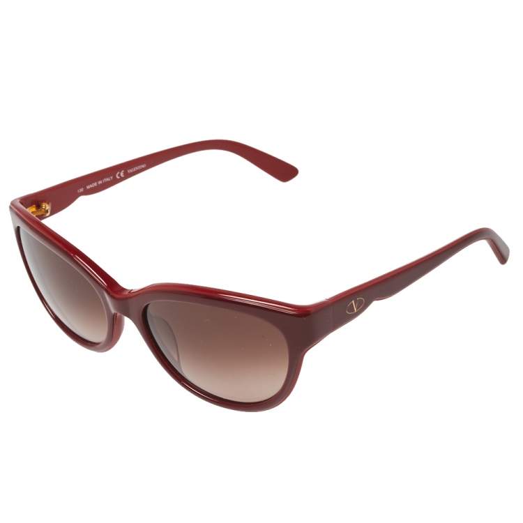 Pre Owned Valentino Burgundy/Brown Gradient V602S Rounded Cat-Eye Sunglasses
