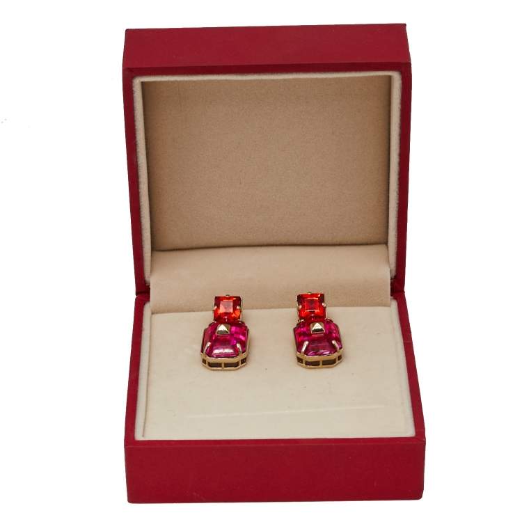Pre Owned Valentino Pink & Orange Crystal Rockstud Drop Earrings